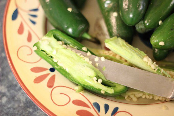 Caution: Wear gloves when you gut the jalapeños to prevent chemical burns to your hands from the volatile oils in them.