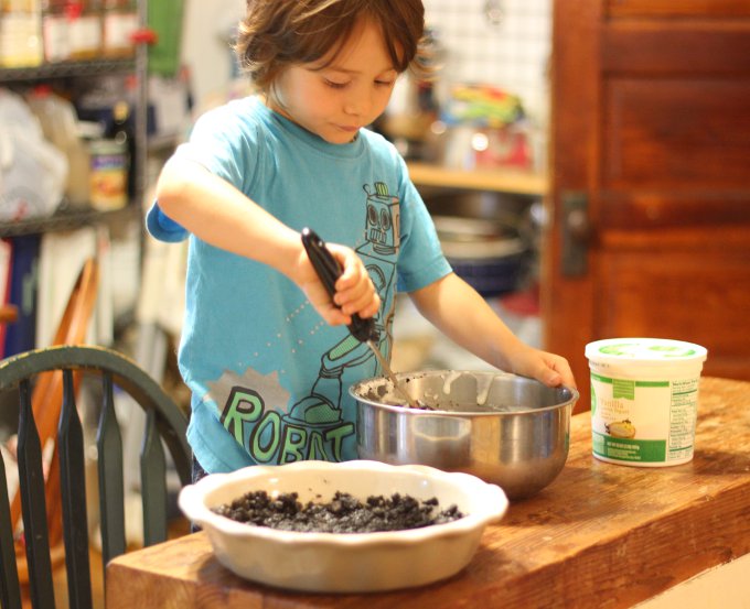 Mixing the filling: Little Foodie was on a mission! He was making cookie pie for his brother, or bust!