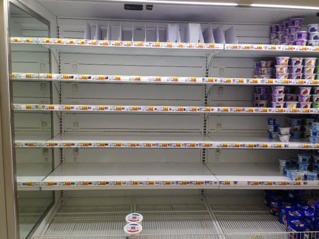 Apparently the zombie apocalypse has hit the grocery store. The yogurt was completely wiped out. 
